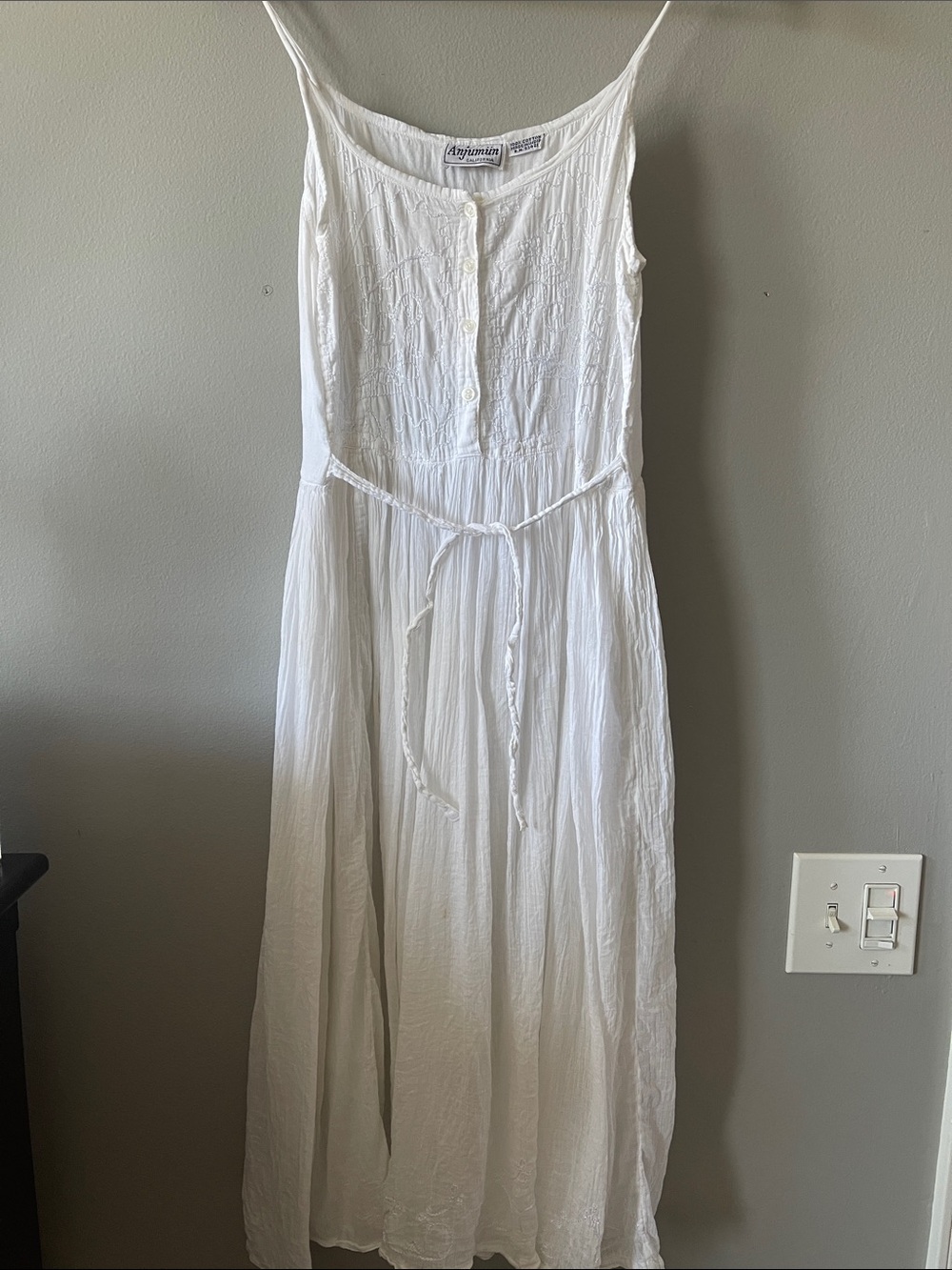 White 100% Cotton Spaghetti-Strap Maxi Dress with Tie Waist